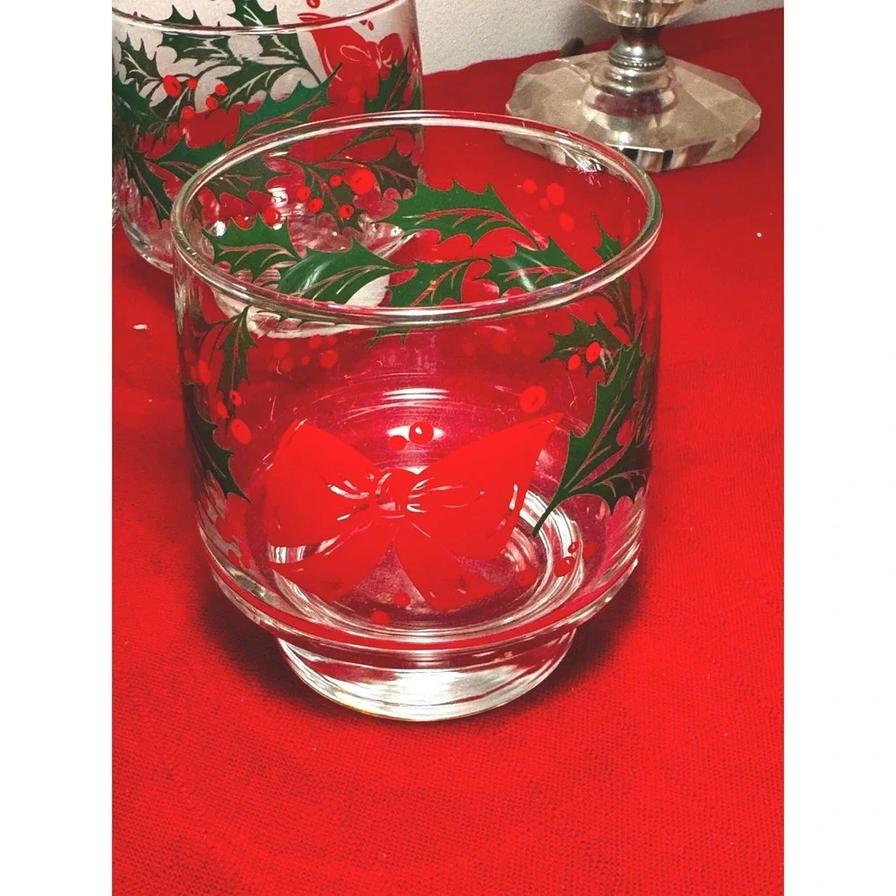 Set of 5 Vintage Libbey Holly & Berries Double Old Fashioned Rock Glasses